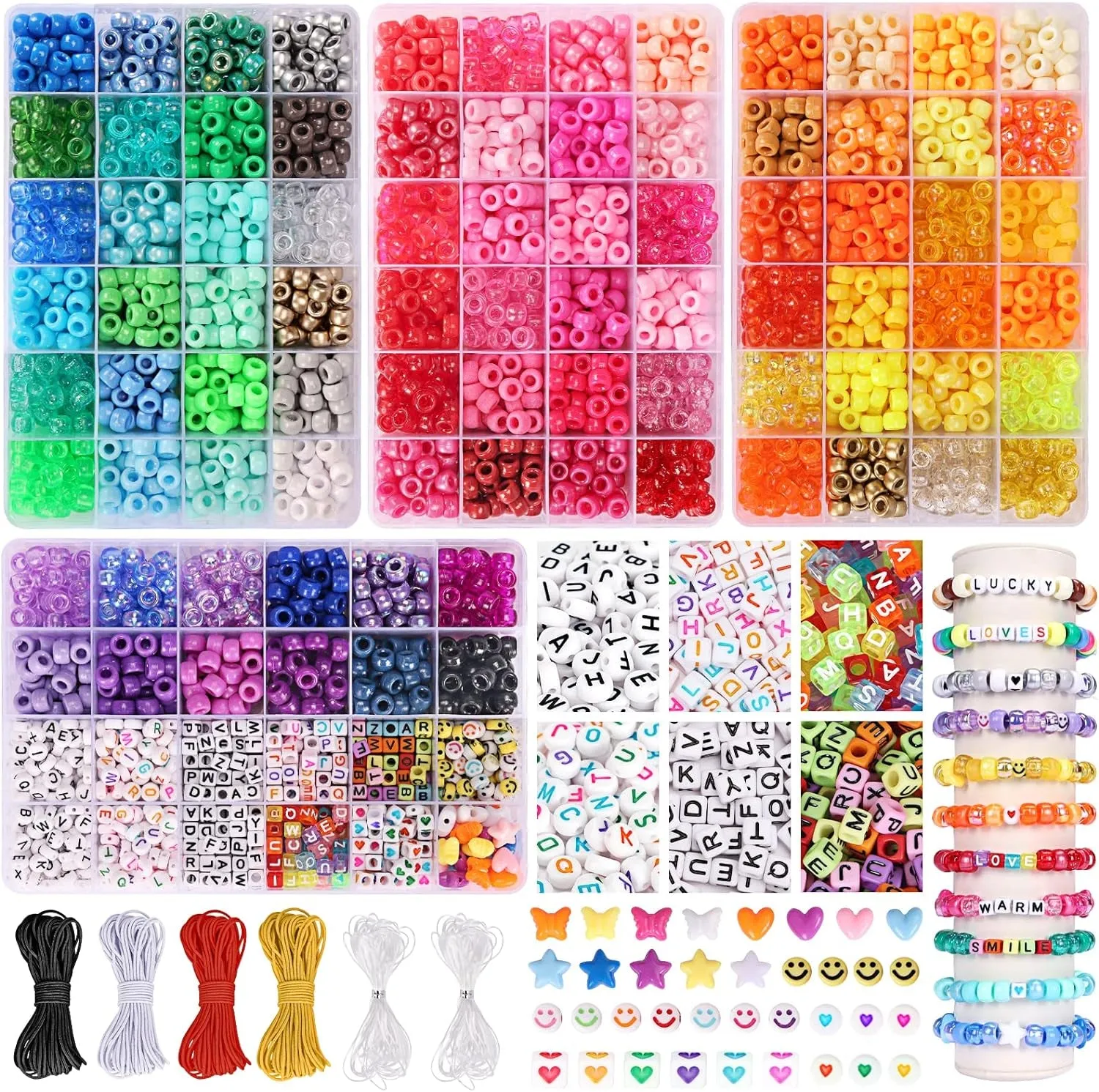 3960Pcs Pony Beads for Friendship Bracelet Making Kit 48 Colors Kandi Beads Set, 2400Pcs Plastic Rainbow Bulk and 1560Pcs Letter Beads with 20 Meter Elastic Threads for Craft Jewelry Necklace