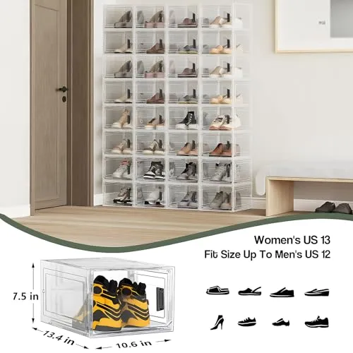 8 Packs Stackable Shoes Box,Upgraded Clear Plastic Shoe Organizer with Magnetic Door and handle for Men/Women Shoes,Sneakers Display(13.4 * 9.1 * 4.7 inch)