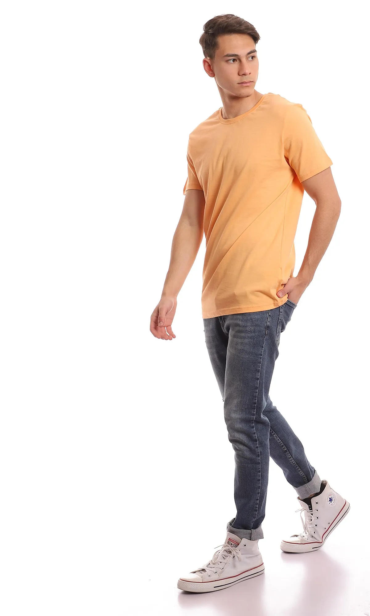 97690 Light Orange Crew Neck Basic Solid Tee