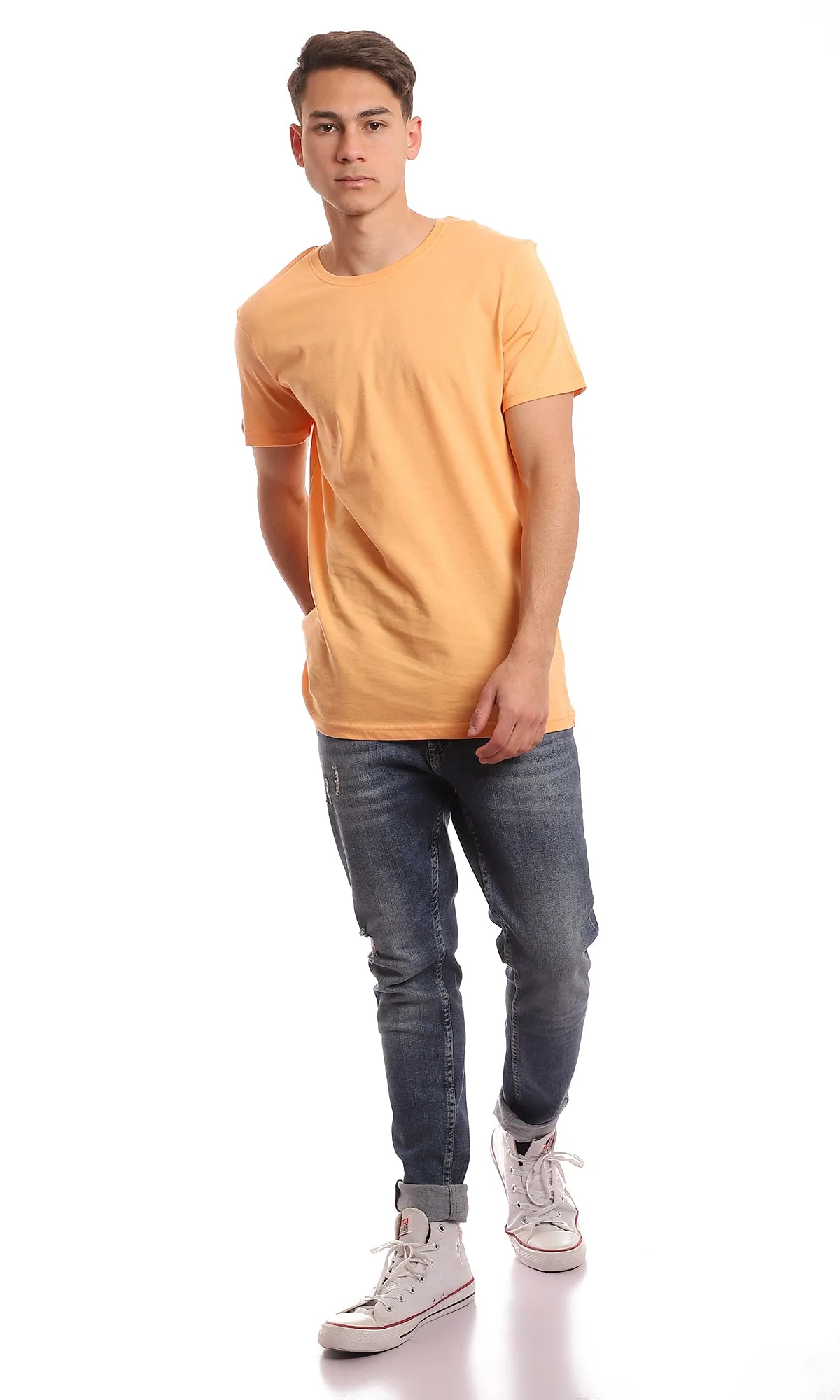 97690 Light Orange Crew Neck Basic Solid Tee
