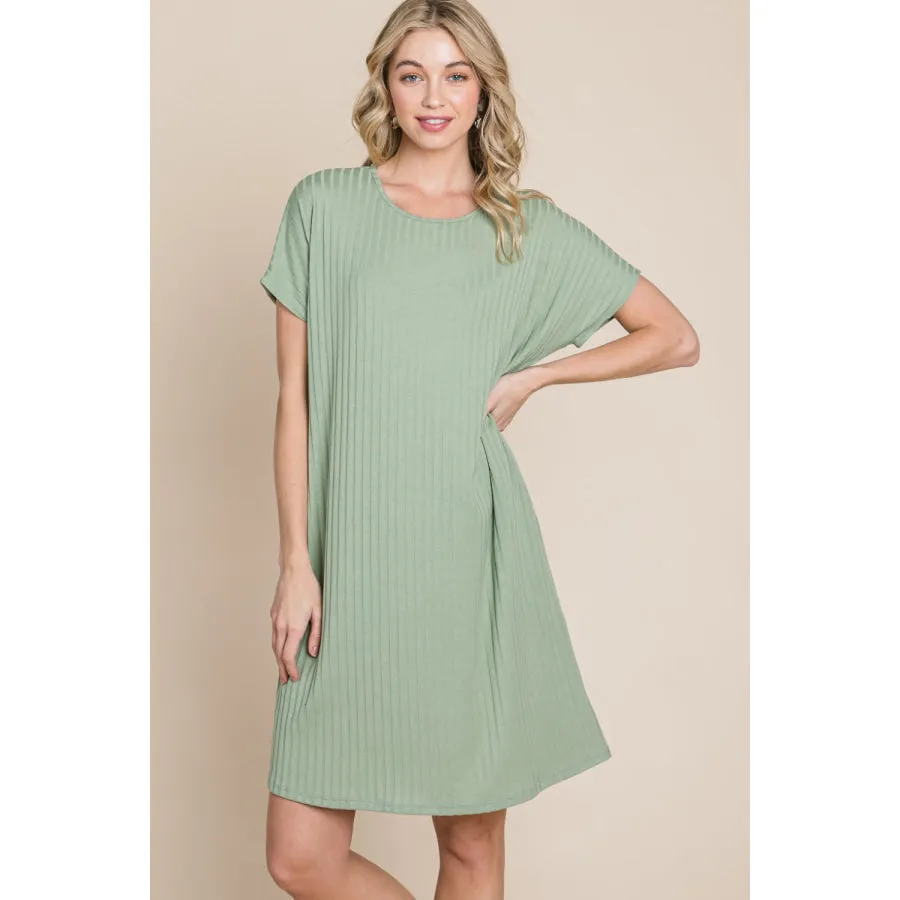 BOMBOM Ribbed Round Neck Short Sleeve Dress