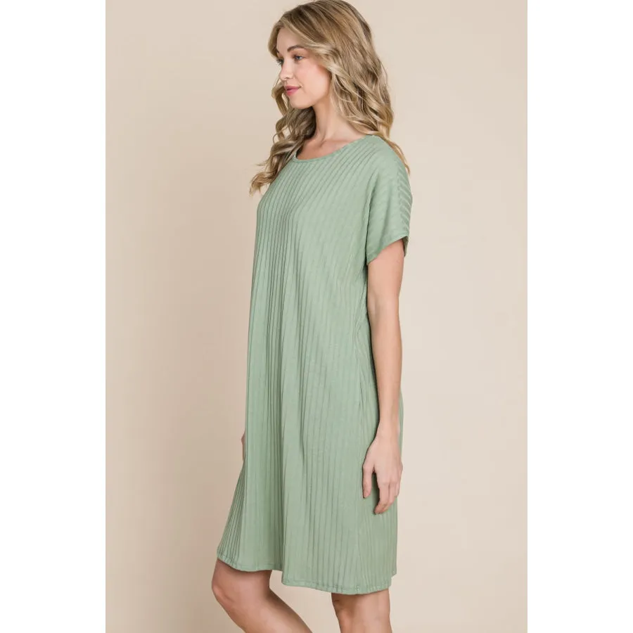 BOMBOM Ribbed Round Neck Short Sleeve Dress