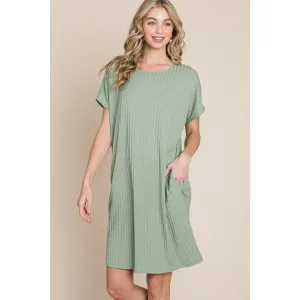 BOMBOM Ribbed Round Neck Short Sleeve Dress