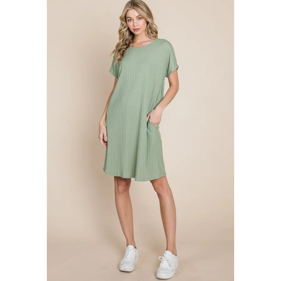 BOMBOM Ribbed Round Neck Short Sleeve Dress