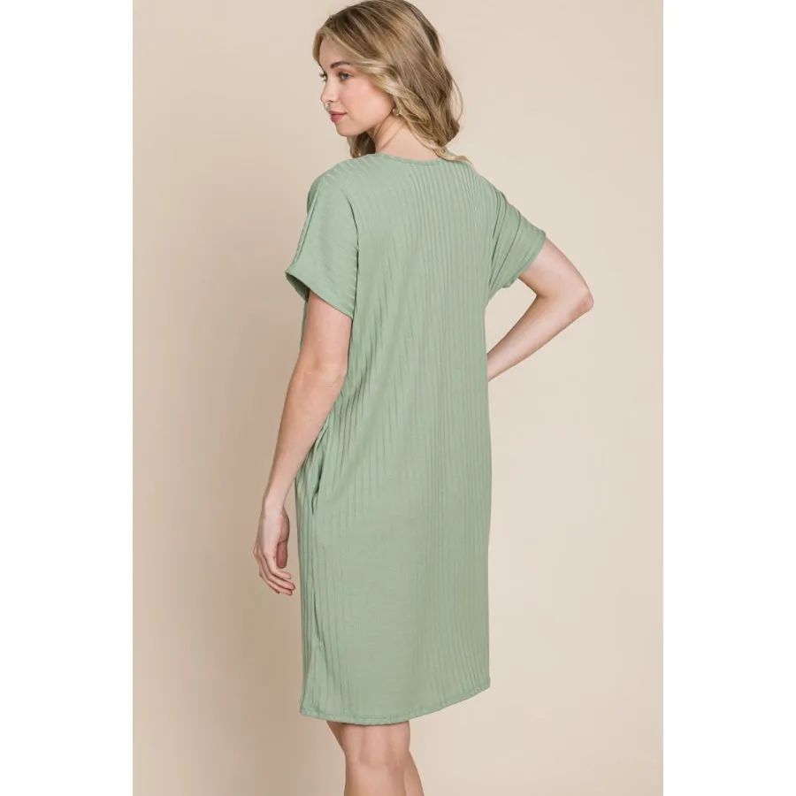 BOMBOM Ribbed Round Neck Short Sleeve Dress