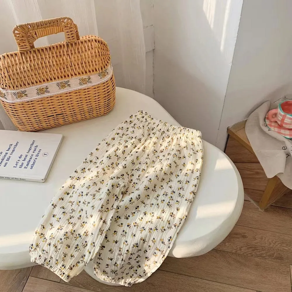 Cartoon Floral Gauze Pleated Harem Pants
