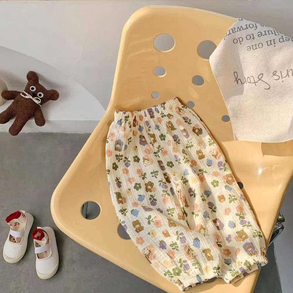 Cartoon Floral Gauze Pleated Harem Pants