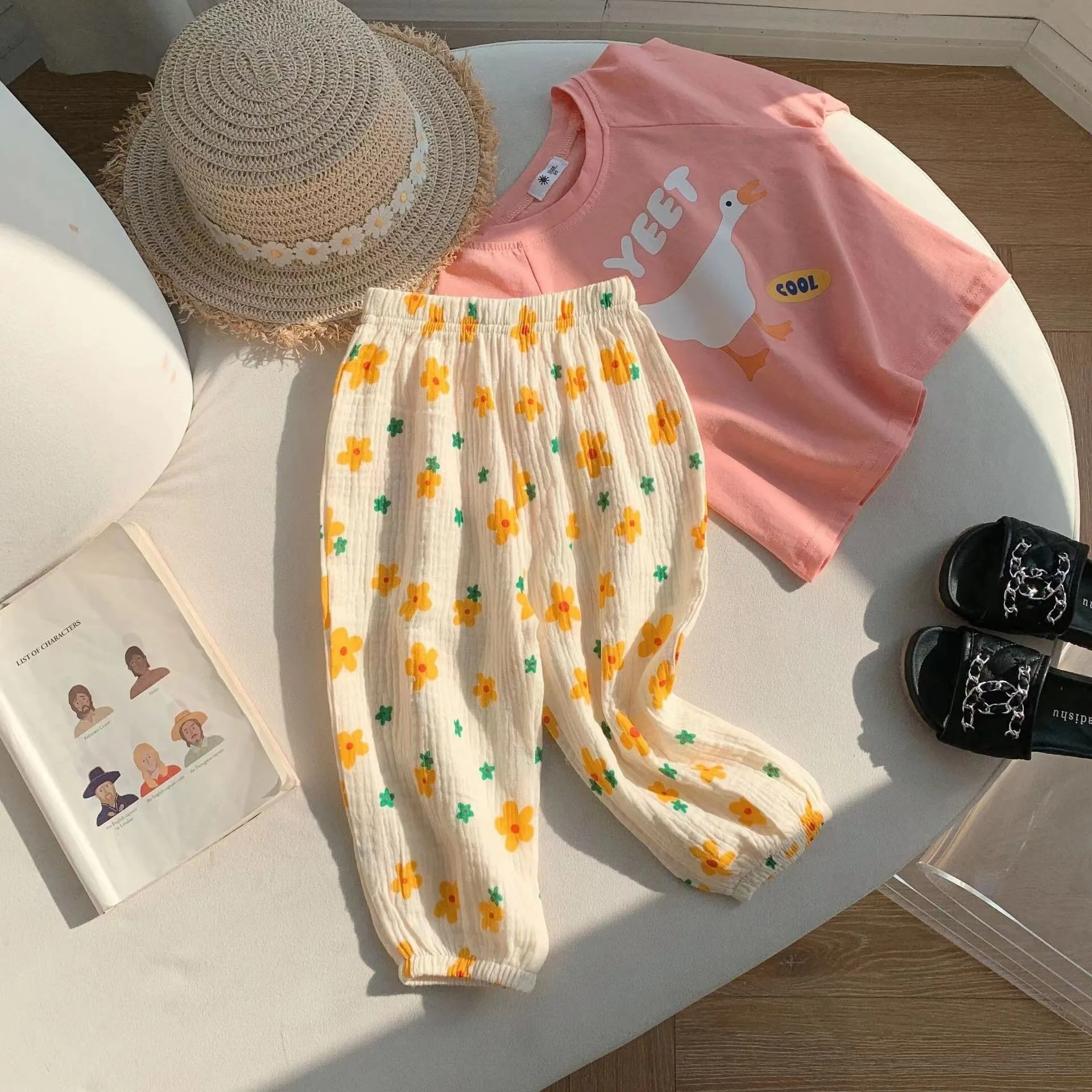 Cartoon Floral Gauze Pleated Harem Pants