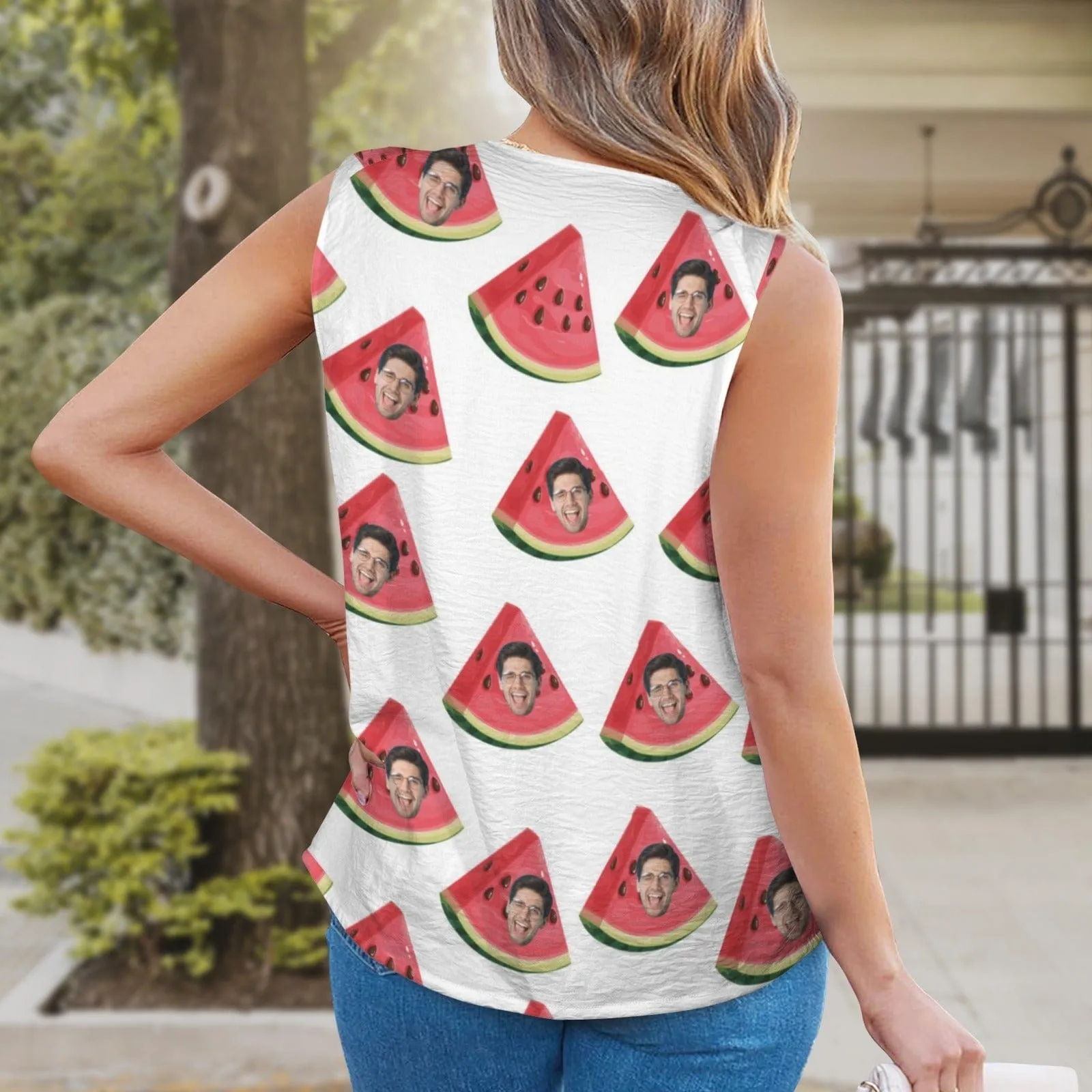 Custom Face Watermelon Top Personalized V-Neck Knotted Sleeveless Tank Tops for Women