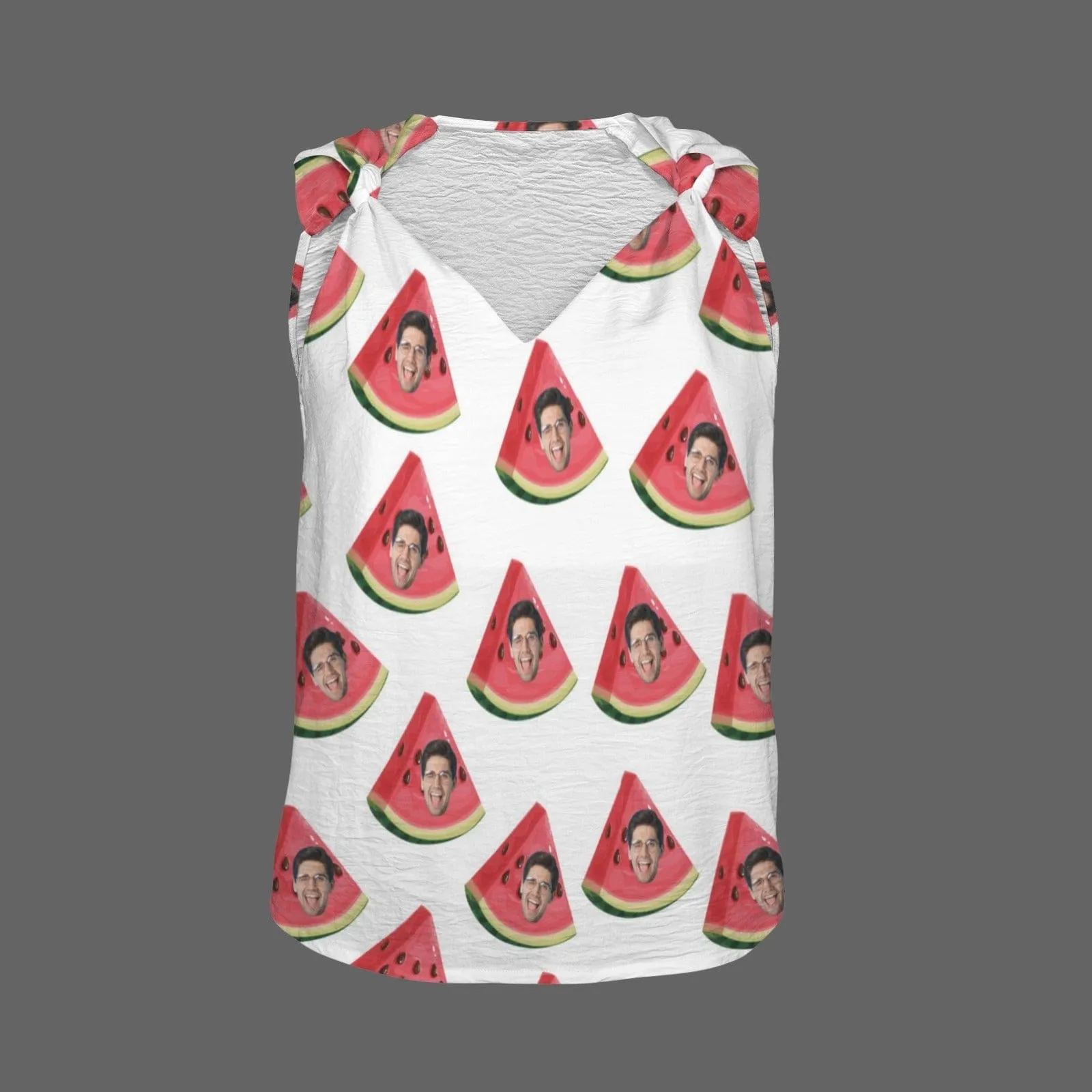 Custom Face Watermelon Top Personalized V-Neck Knotted Sleeveless Tank Tops for Women