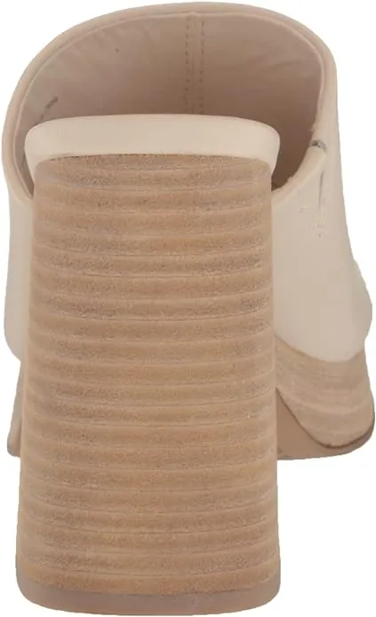 Dolce Vita Lukas Ivory Leather Peep Toe Slip On Stacked Block Heeled Sandals