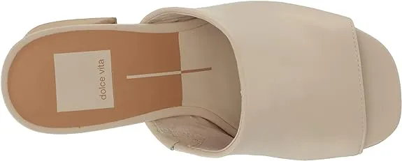 Dolce Vita Lukas Ivory Leather Peep Toe Slip On Stacked Block Heeled Sandals