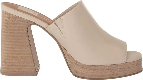 Dolce Vita Lukas Ivory Leather Peep Toe Slip On Stacked Block Heeled Sandals