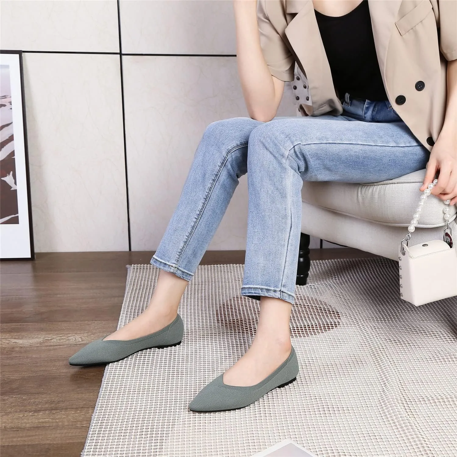 EnllerviiD Women's Flats Breathable Knit Pointed Flats Loafers Shoes,Work Flats Office Shoes Comfortable Flexible Mule Shoes Ballet Flats