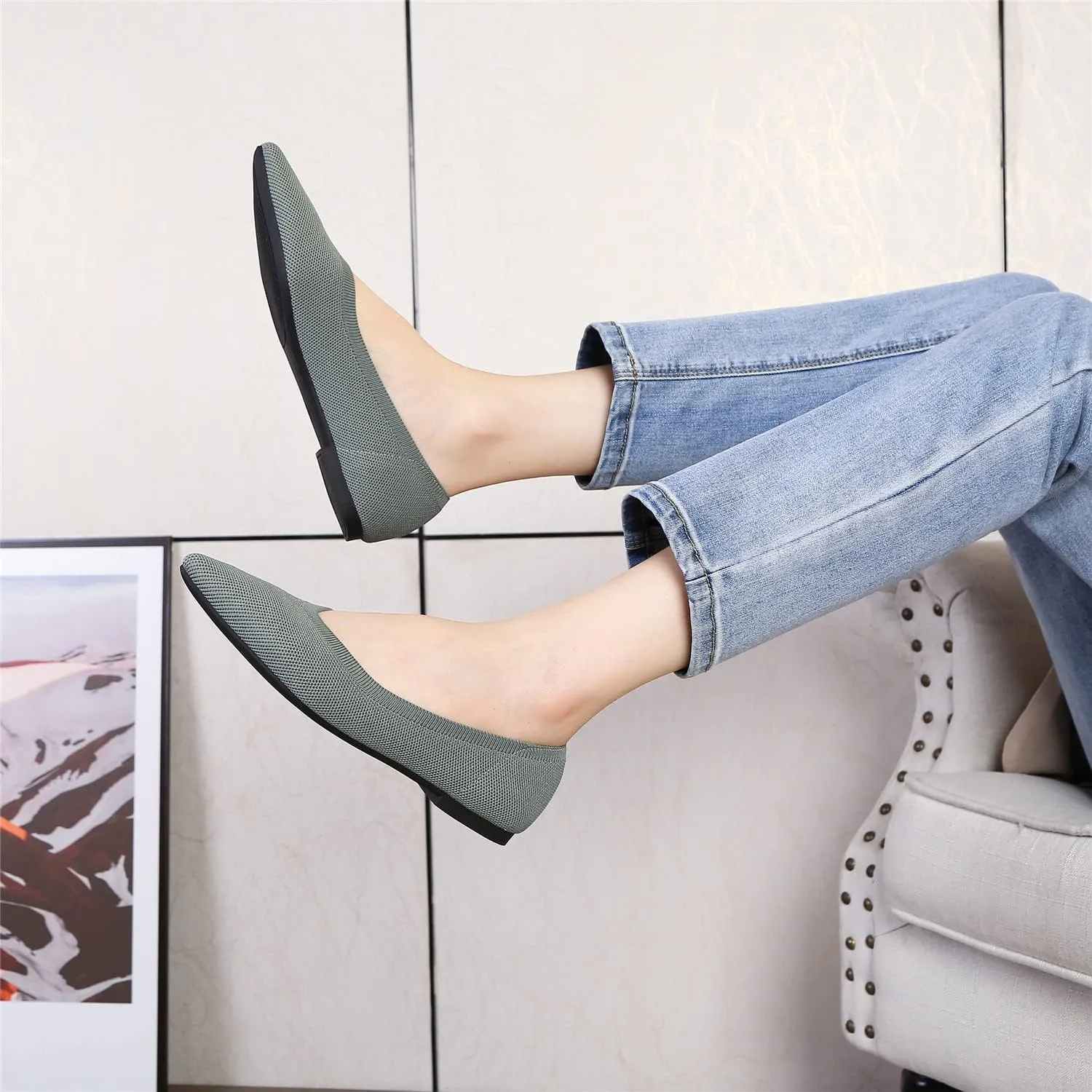 EnllerviiD Women's Flats Breathable Knit Pointed Flats Loafers Shoes,Work Flats Office Shoes Comfortable Flexible Mule Shoes Ballet Flats