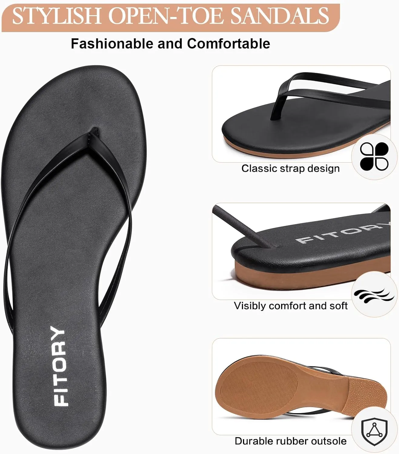 FITORY Womens Fashion Flip Flops Comfortable Leather Summer Beach Thong Walking Sandals on Indoor Outdoor Size 6-11