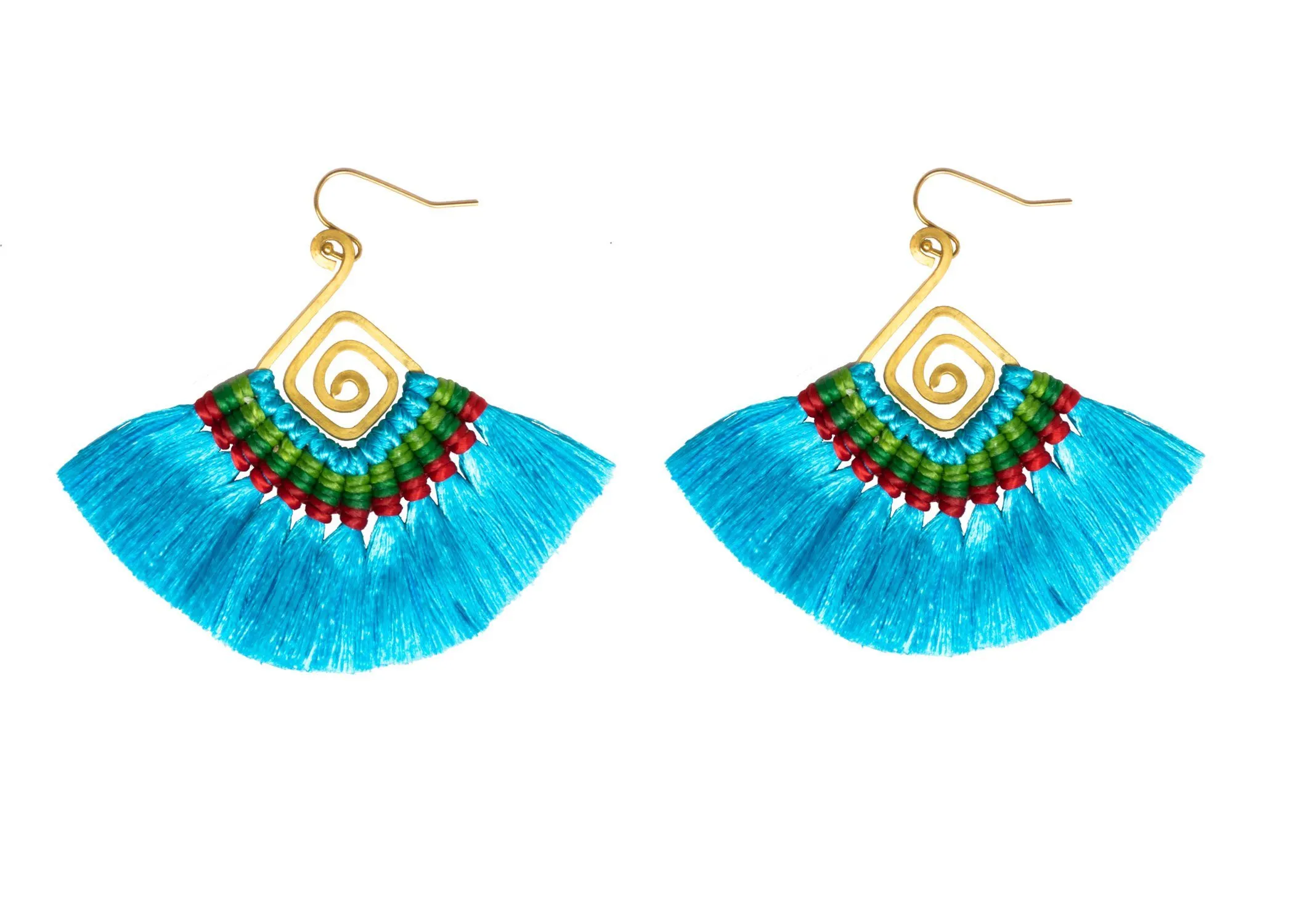 Handmade Earring Cotton Tassel Colourful Brass Spiral Shape
