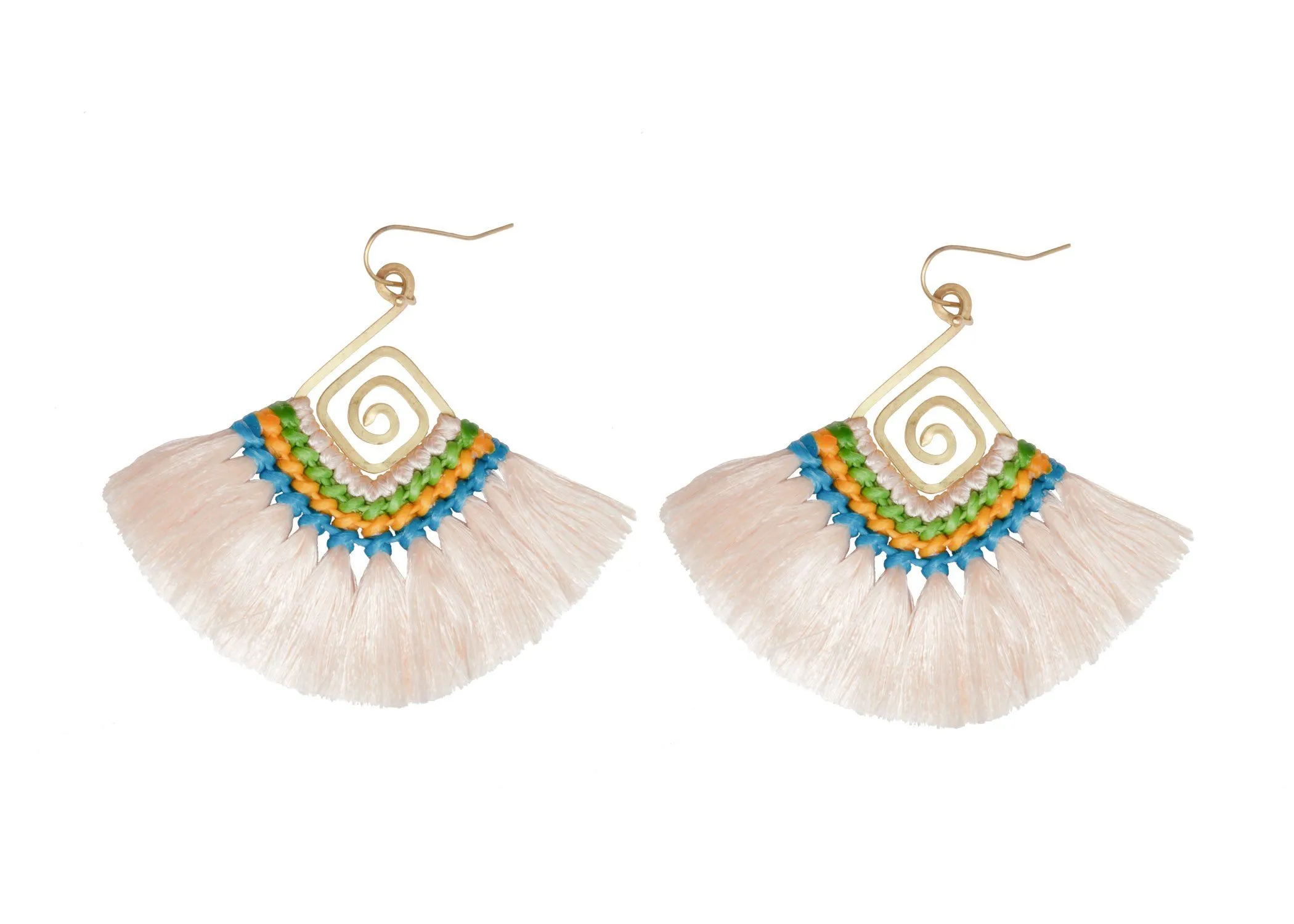 Handmade Earring Cotton Tassel Colourful Brass Spiral Shape