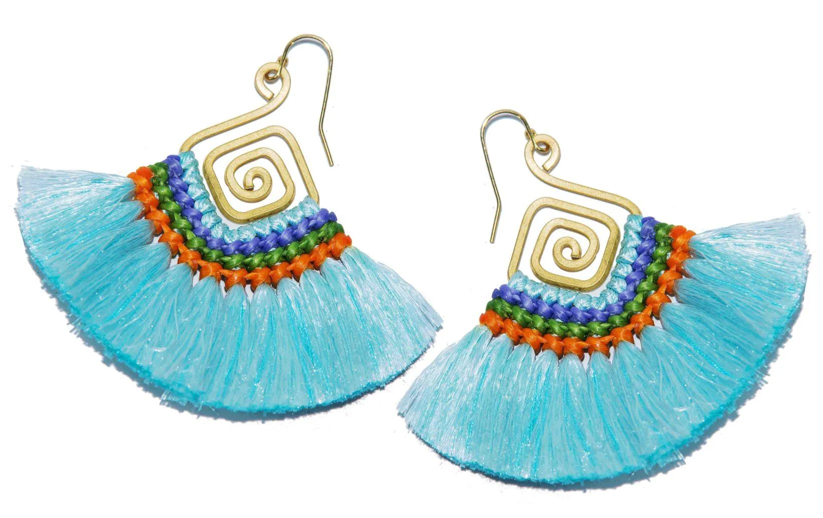 Handmade Earring Cotton Tassel Colourful Brass Spiral Shape