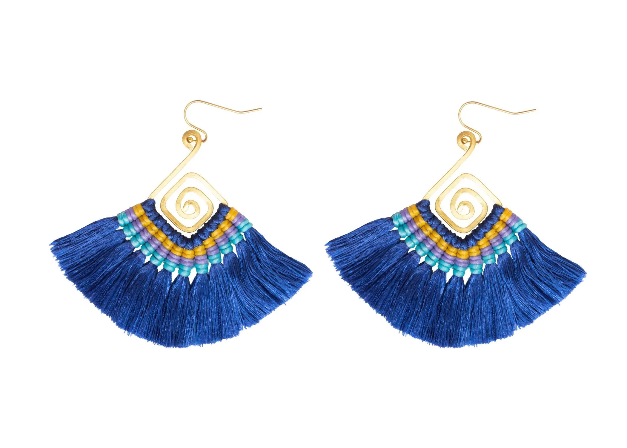 Handmade Earring Cotton Tassel Colourful Brass Spiral Shape