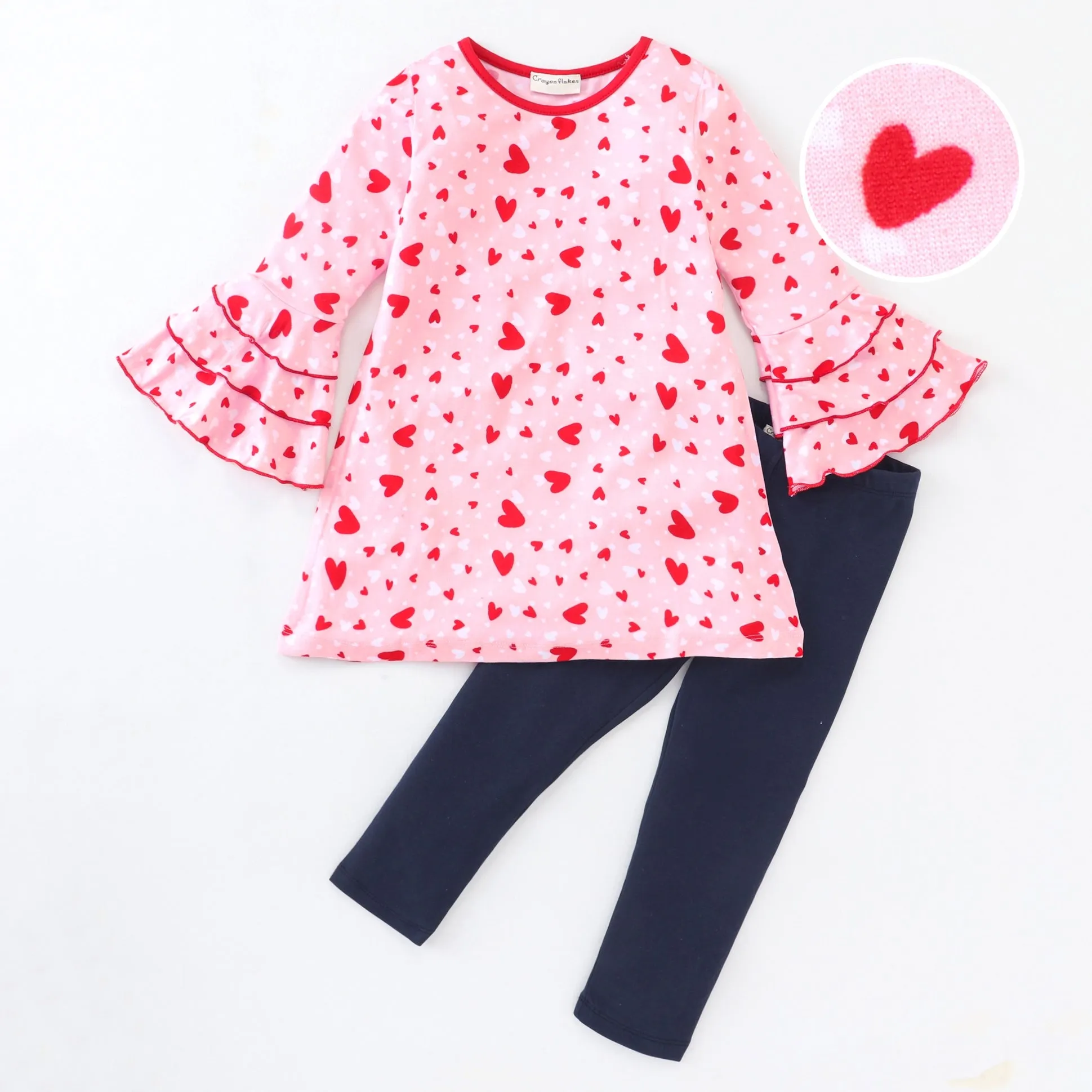 Hearts Sleeves Frill Top Leggings Set