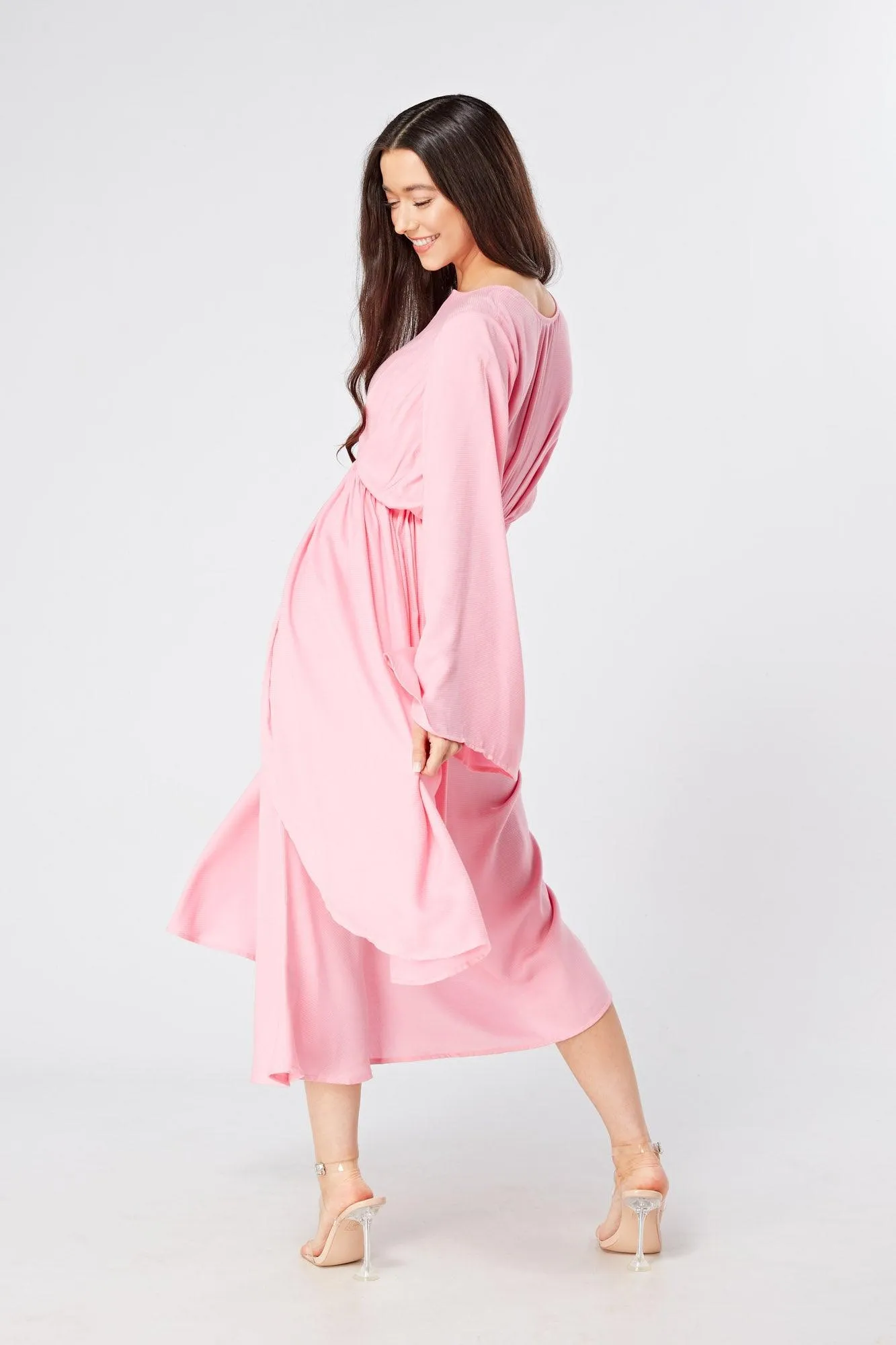 Hera Draped Super Soft Crepe Midi Dress With Long Kimono Sleeves