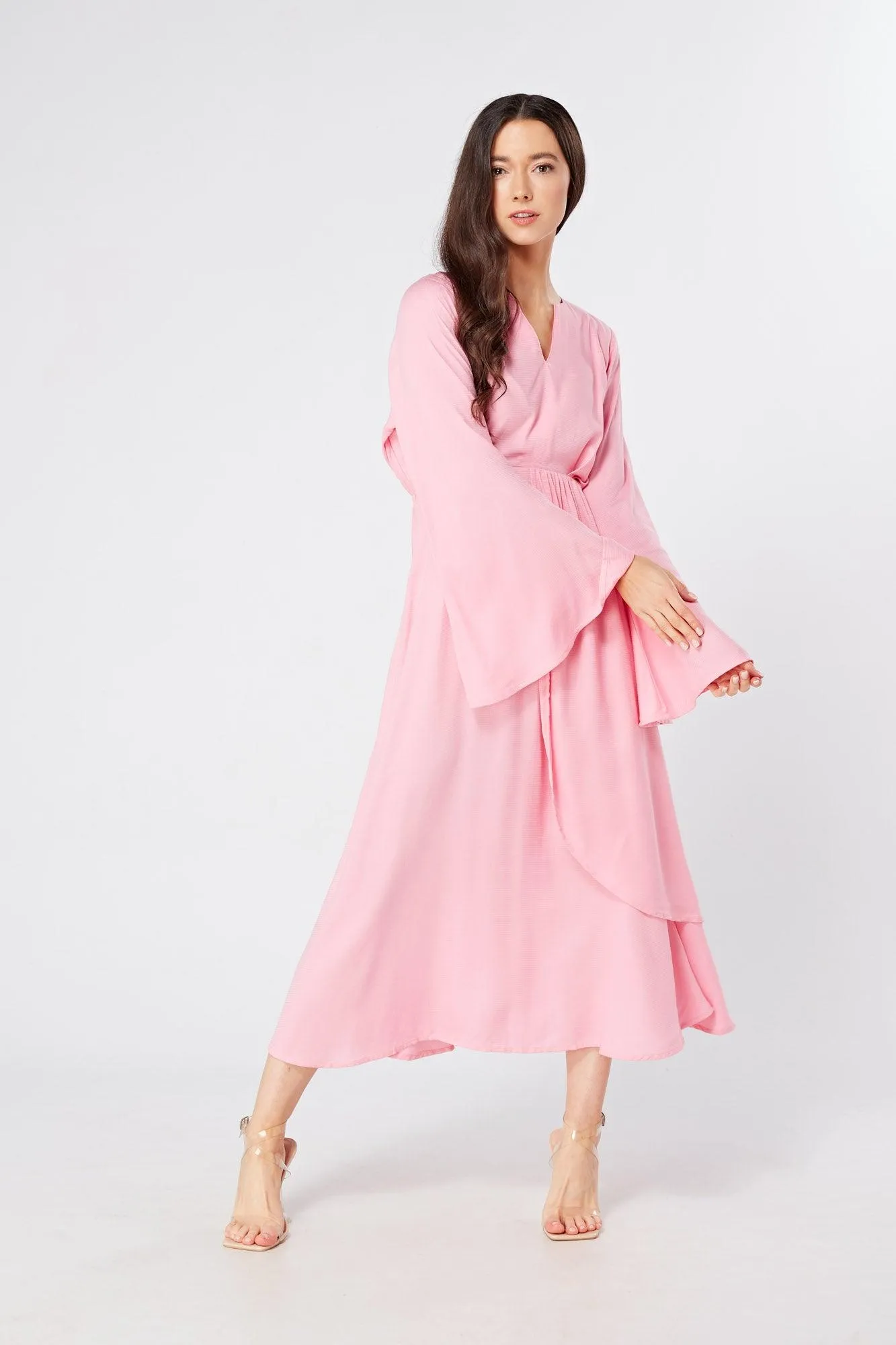 Hera Draped Super Soft Crepe Midi Dress With Long Kimono Sleeves