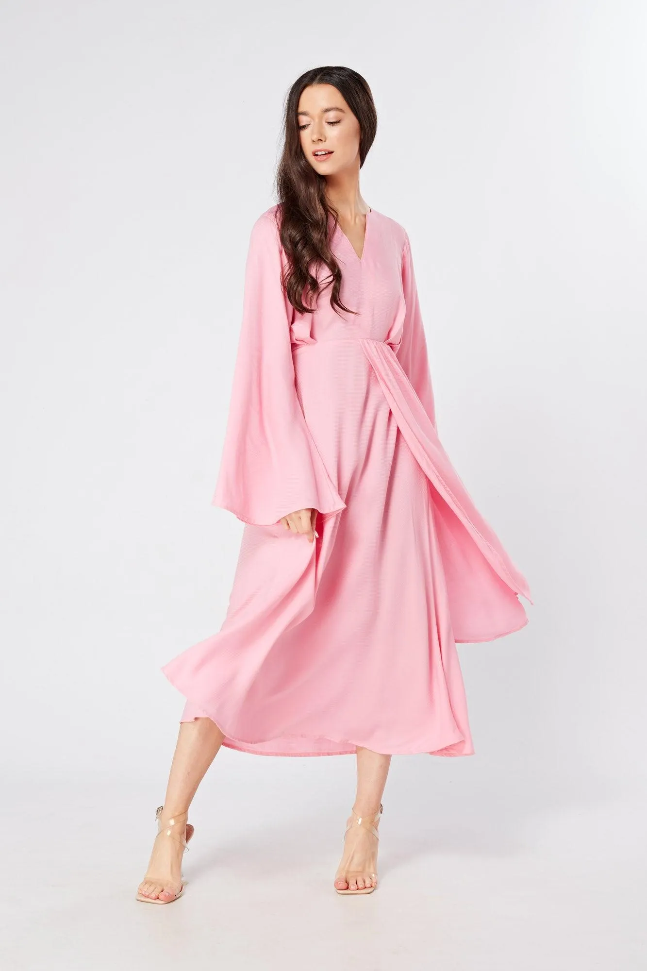 Hera Draped Super Soft Crepe Midi Dress With Long Kimono Sleeves
