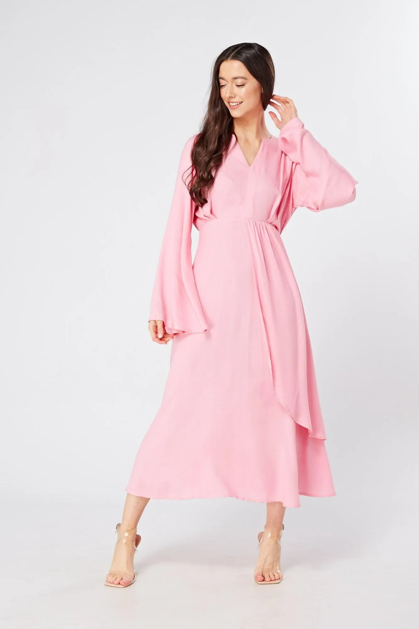 Hera Draped Super Soft Crepe Midi Dress With Long Kimono Sleeves