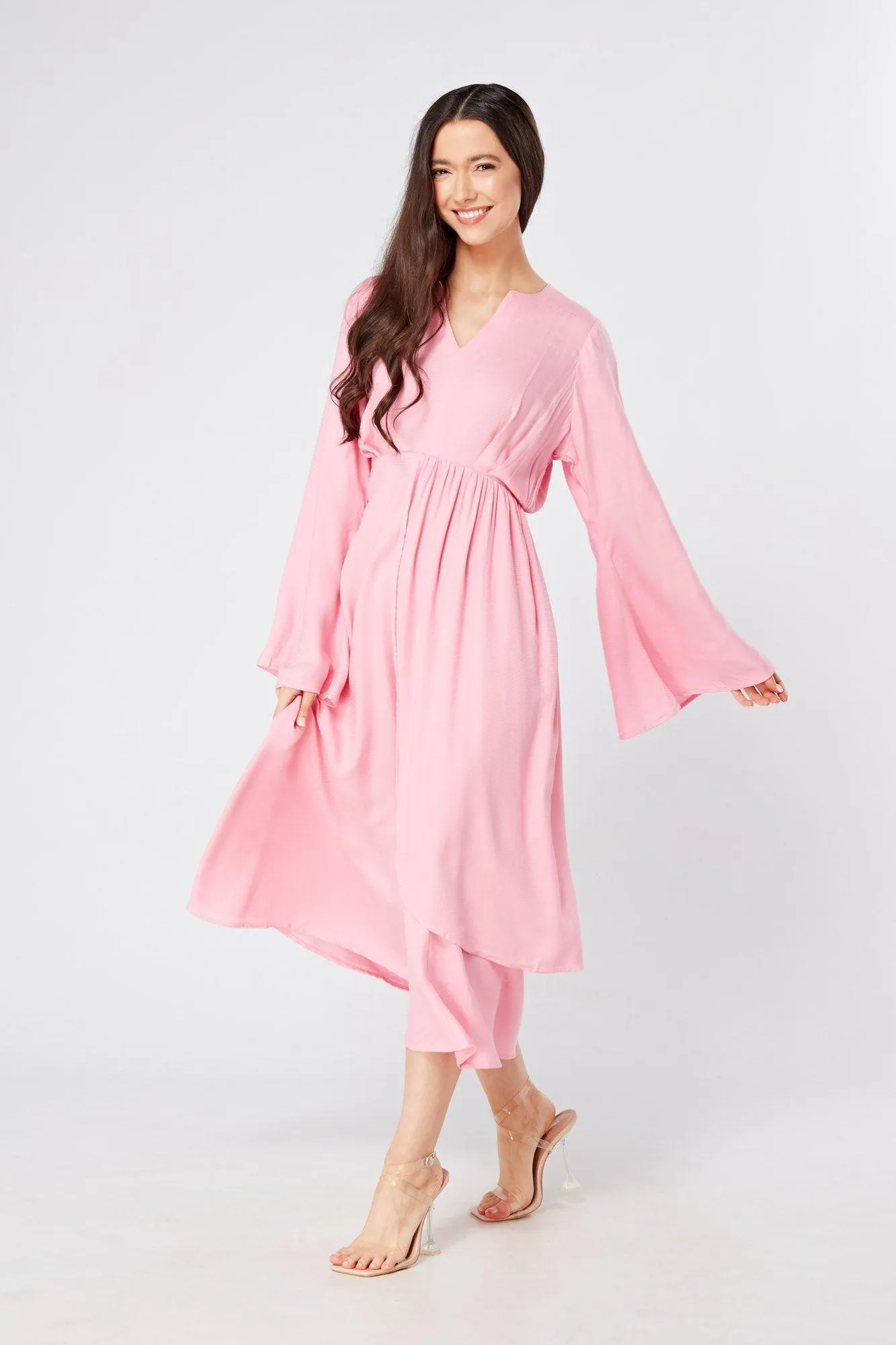 Hera Draped Super Soft Crepe Midi Dress With Long Kimono Sleeves