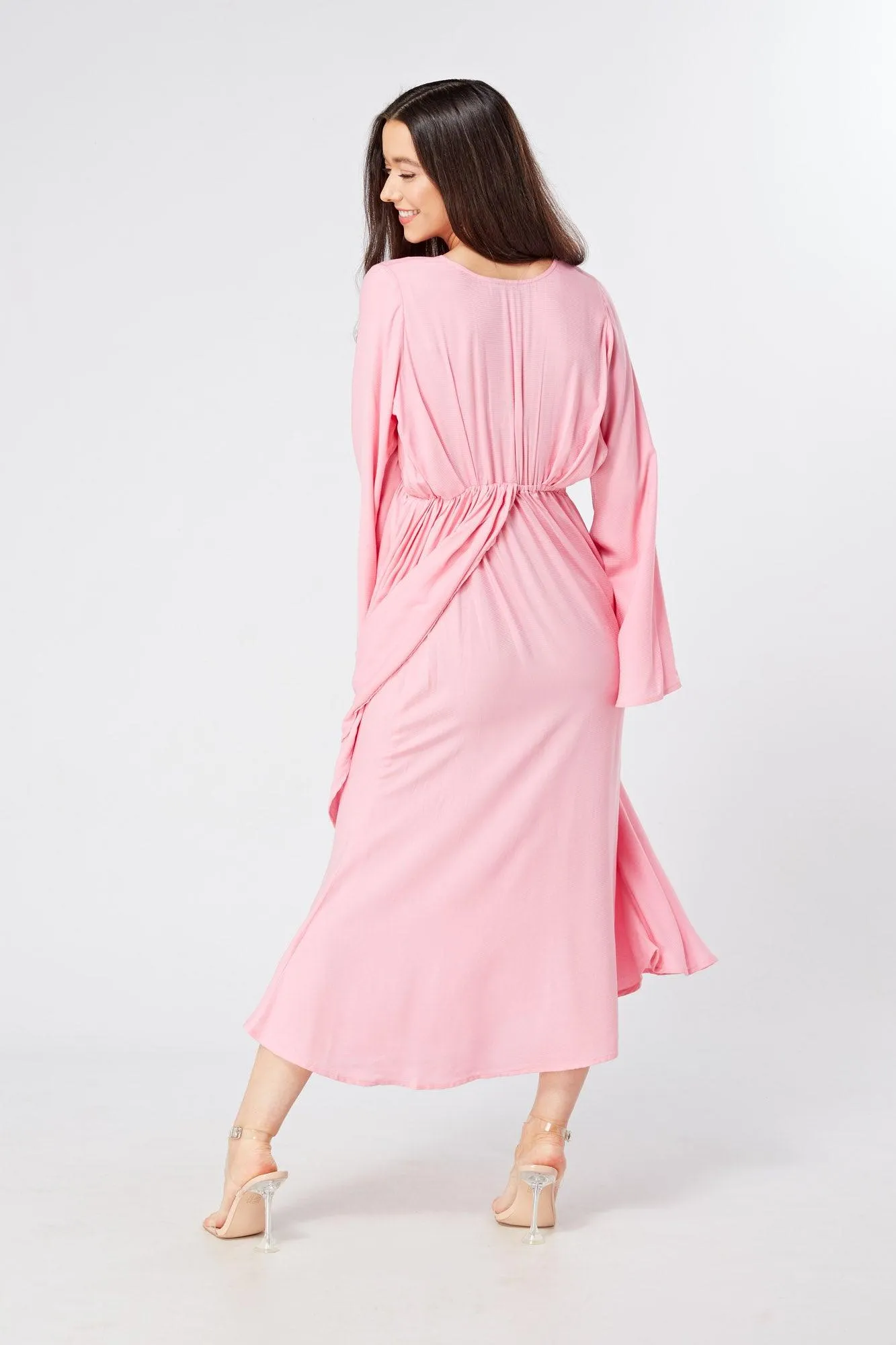 Hera Draped Super Soft Crepe Midi Dress With Long Kimono Sleeves