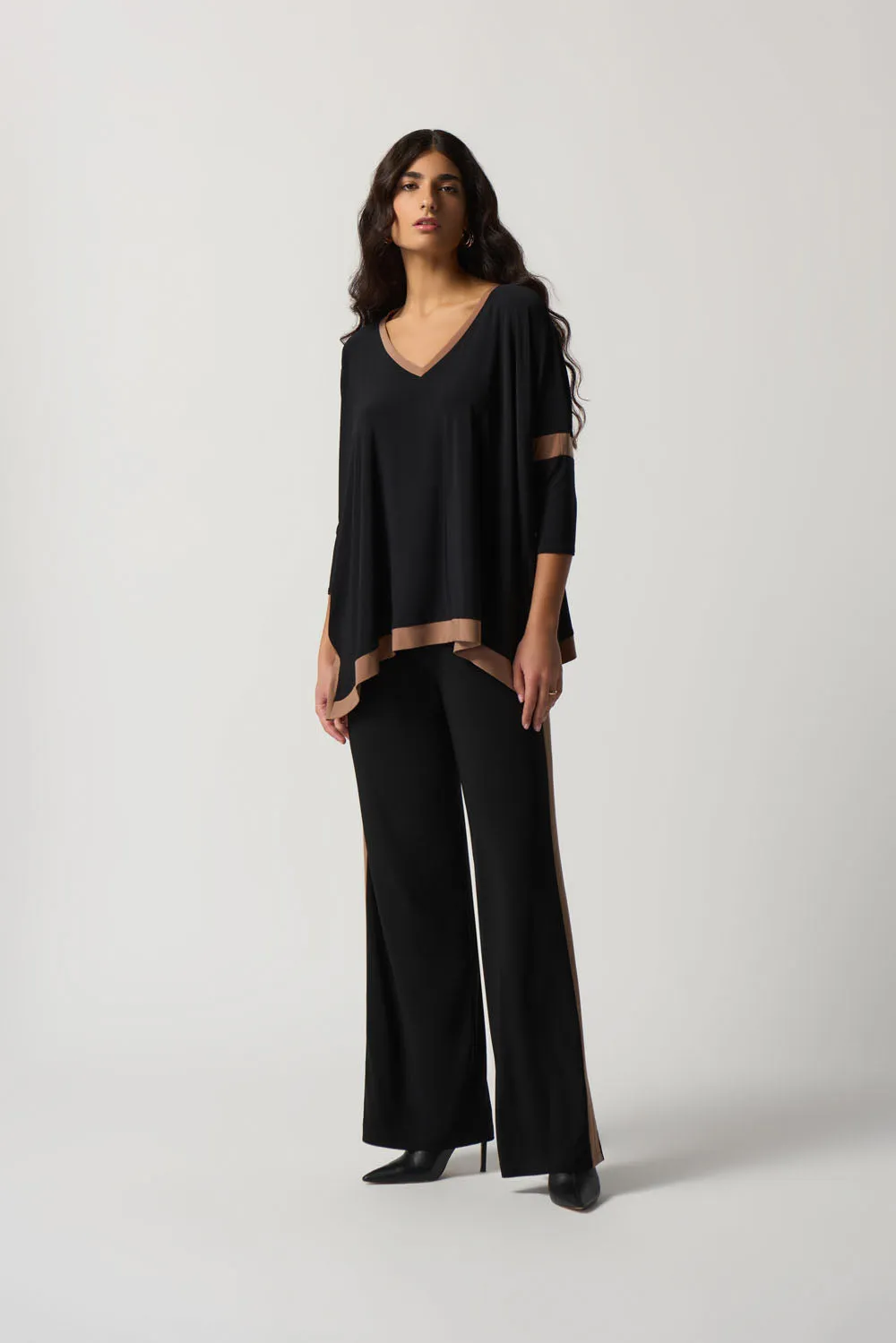 Joseph Ribkoff Black/Nutmeg Colour-Block V-Neck Top Style 233101
