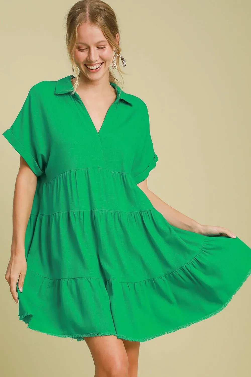 Keep It Casual Raw Hem Tiered Dress in Green