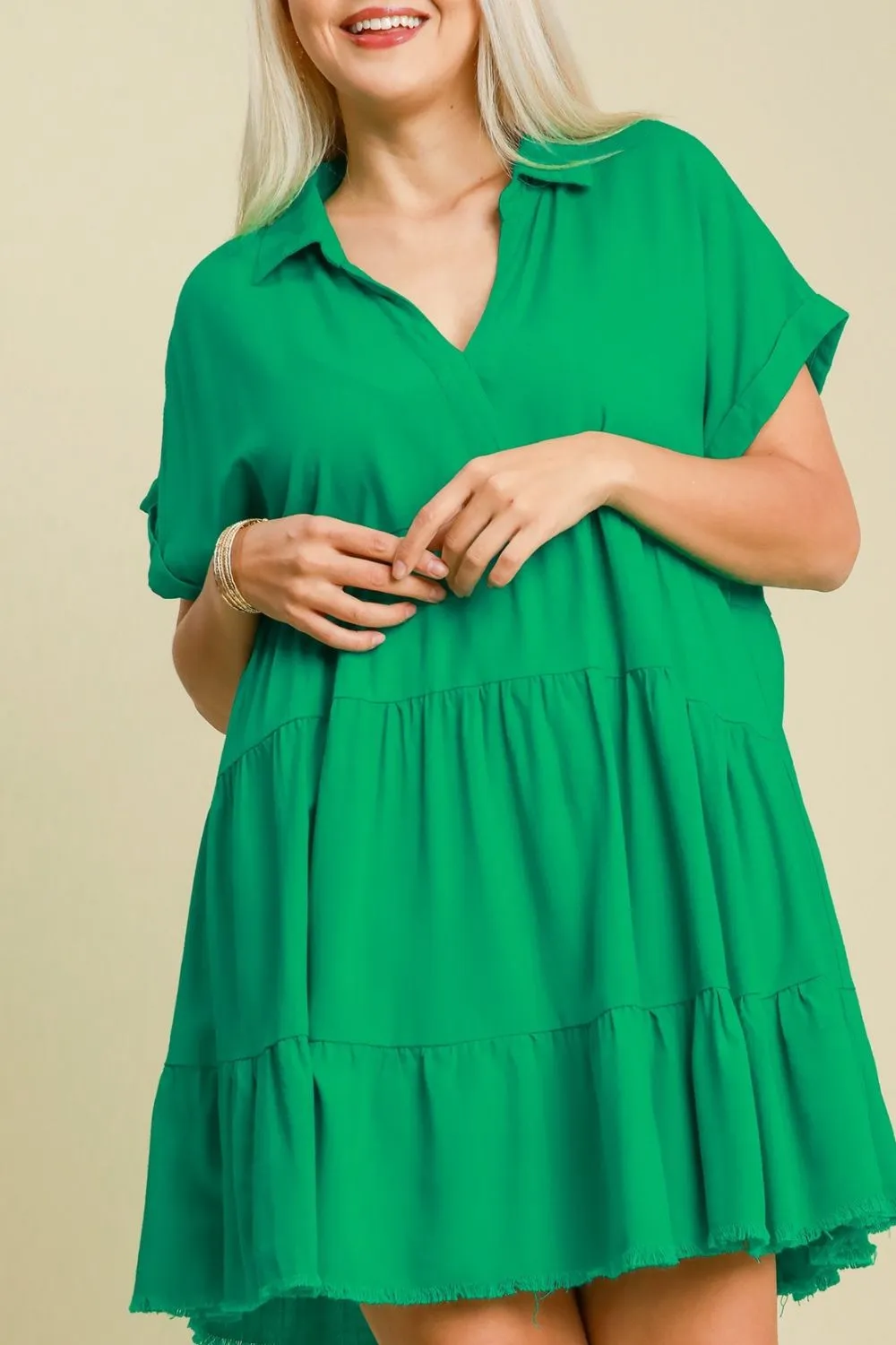 Keep It Casual Raw Hem Tiered Dress in Green