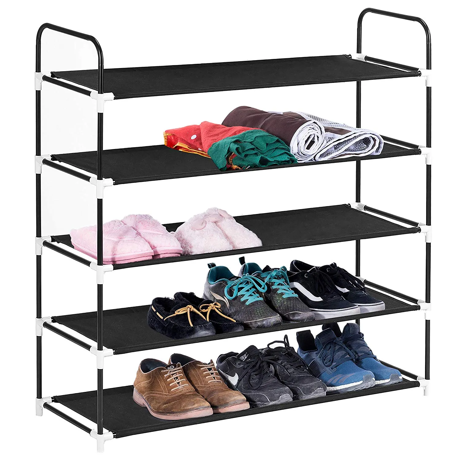 MaidMAX 5 Tier Shoe Rack, Free Standing Fabric Shoe Storage Tower Shelf Organizer For 25 Pairs of Shoes in Closet Entryway Hallway, 39.4'' x 11.4'' x 36.2'', Black