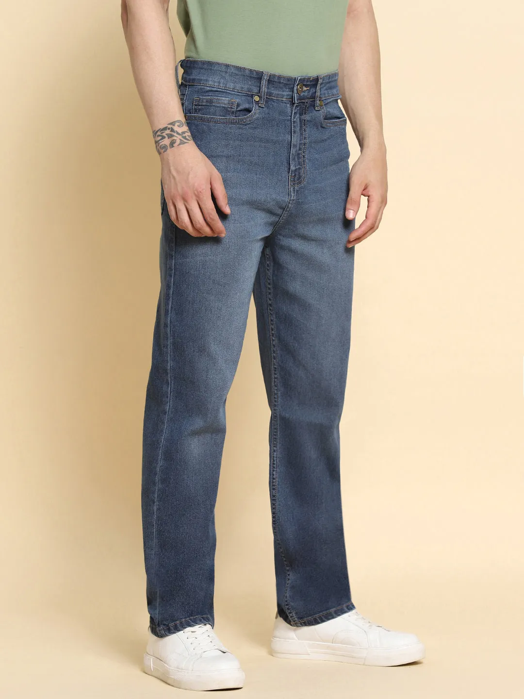Men's Slim Fit Dark Blue Denim Jeans Waistband With Belt Loops Has A Button Rivet And Zip Closure