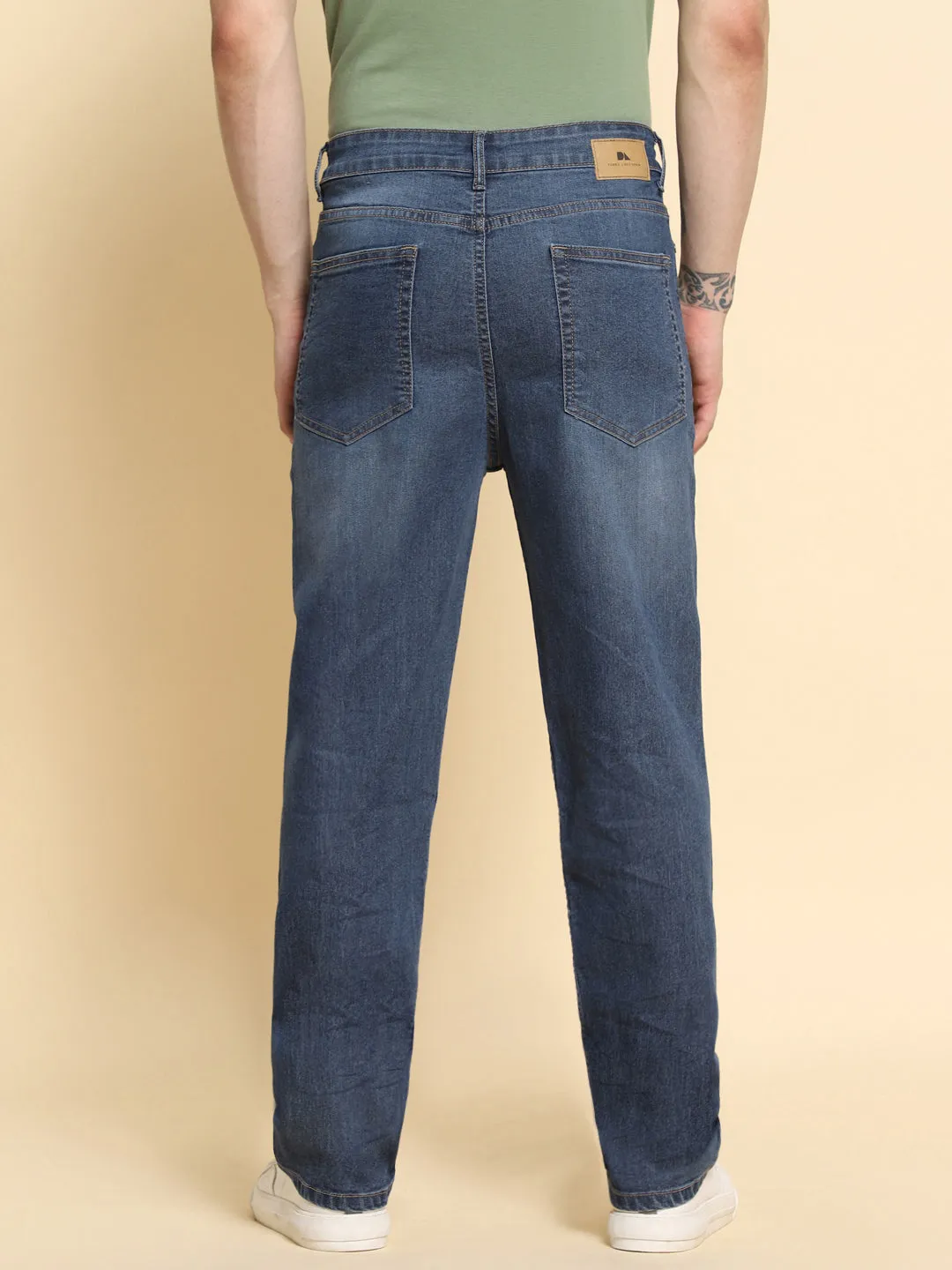 Men's Slim Fit Dark Blue Denim Jeans Waistband With Belt Loops Has A Button Rivet And Zip Closure