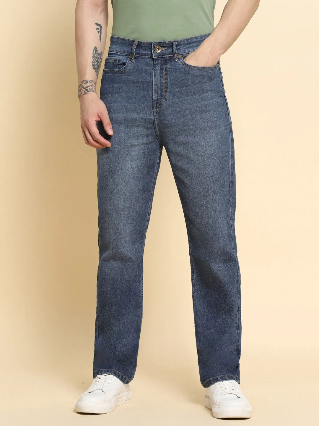 Men's Slim Fit Dark Blue Denim Jeans Waistband With Belt Loops Has A Button Rivet And Zip Closure