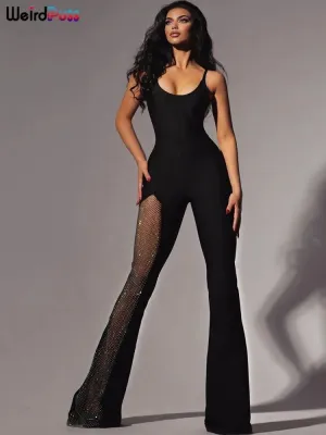 Mesh Patchwork Flare Jumpsuit