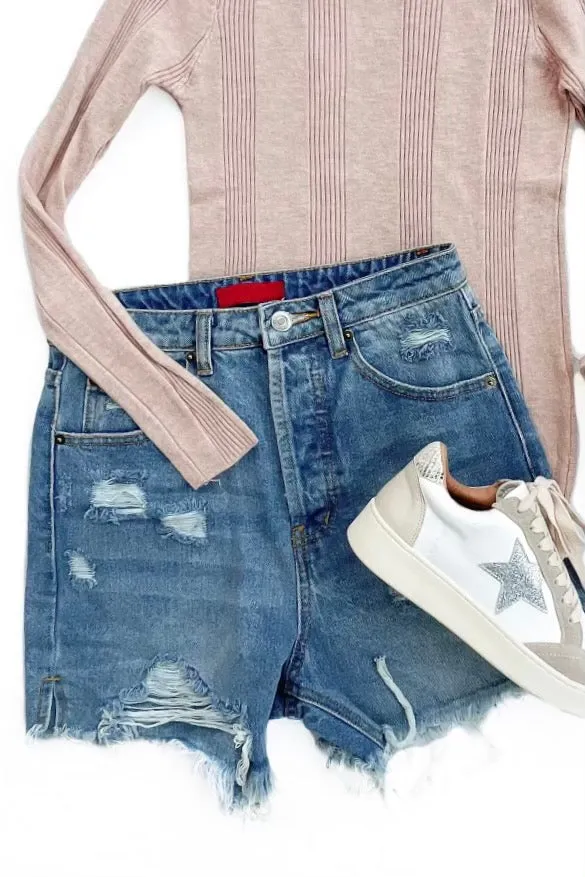 Mid Length High Rise Denim Shorts