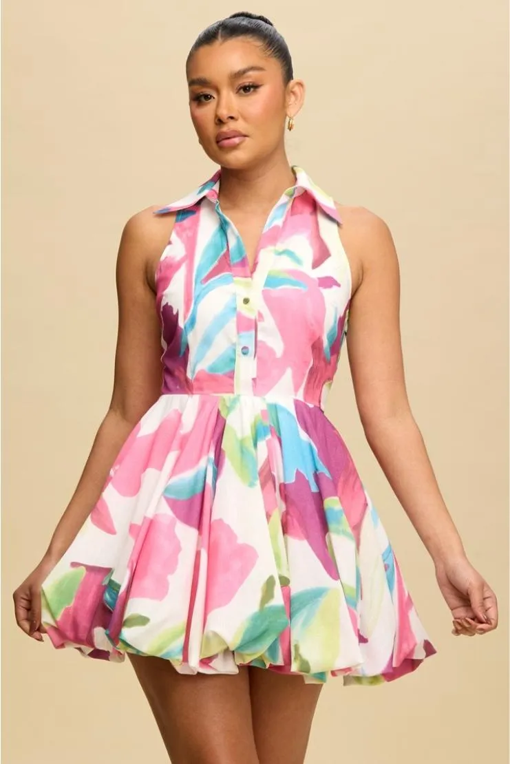 Mirabel Abstract Bubble Hem Mini Shirt Dress