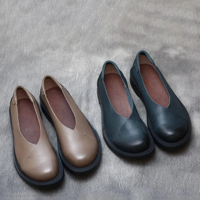 Mori Girl Design Genuine Leather Slip-on For Women Handmade Soft Flats in Blue/Khaki