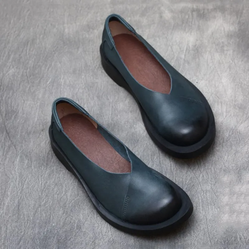 Mori Girl Design Genuine Leather Slip-on For Women Handmade Soft Flats in Blue/Khaki