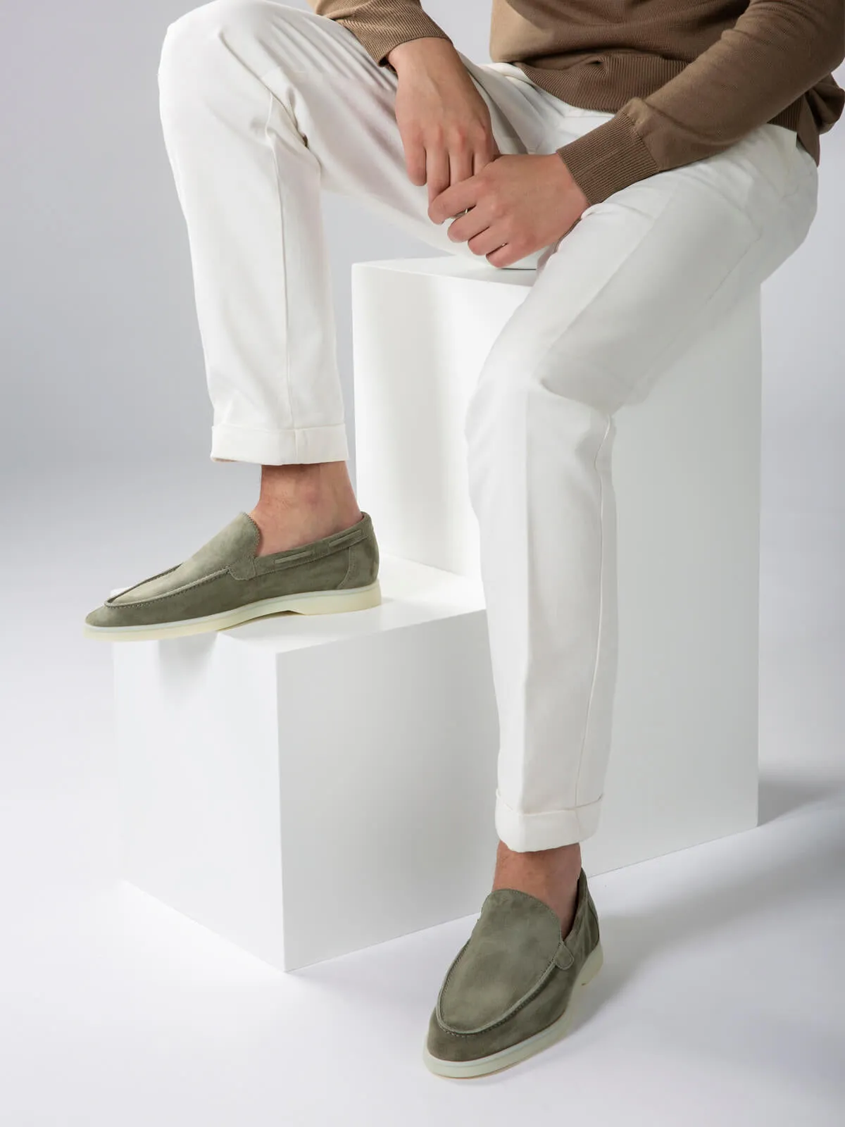 PIstacho Green Suede Athena Yatch Loafers with White Soles - Summer 2024 Collection