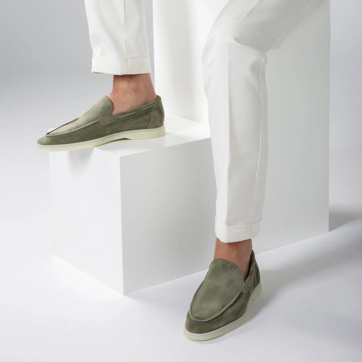 PIstacho Green Suede Athena Yatch Loafers with White Soles - Summer 2024 Collection