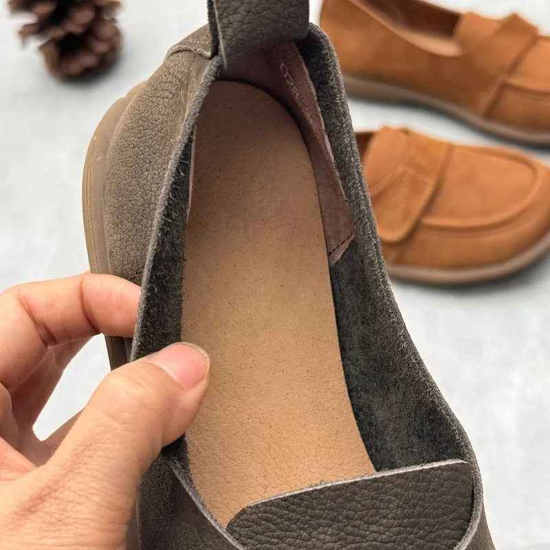 Retro Soft Leather Round Toe Slip on Loafers Touch-strap Barefoot Shoes In Brown/Grey