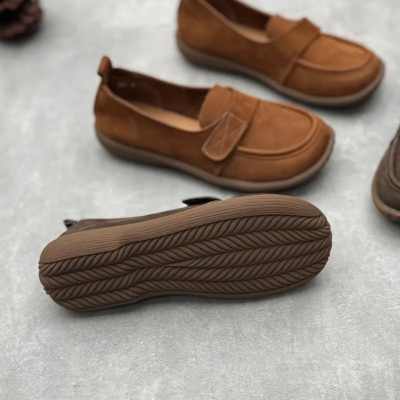 Retro Soft Leather Round Toe Slip on Loafers Touch-strap Barefoot Shoes In Brown/Grey