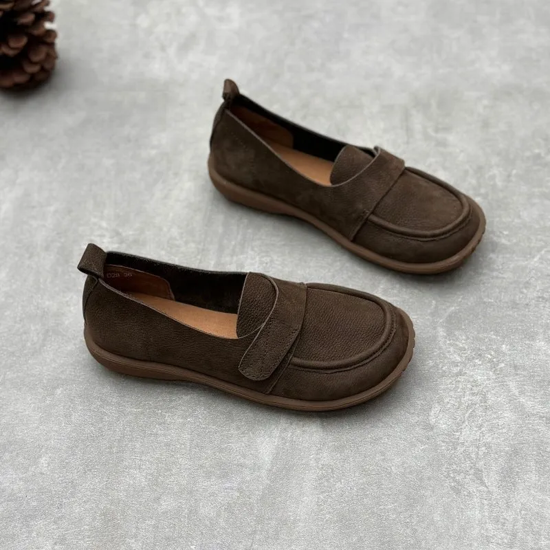Retro Soft Leather Round Toe Slip on Loafers Touch-strap Barefoot Shoes In Brown/Grey