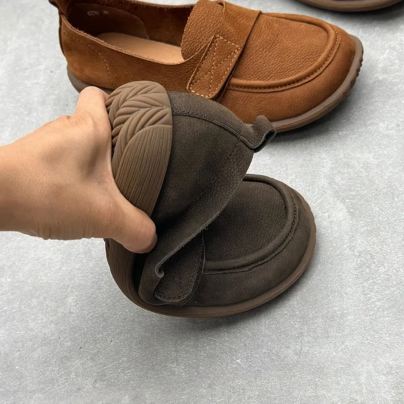 Retro Soft Leather Round Toe Slip on Loafers Touch-strap Barefoot Shoes In Brown/Grey