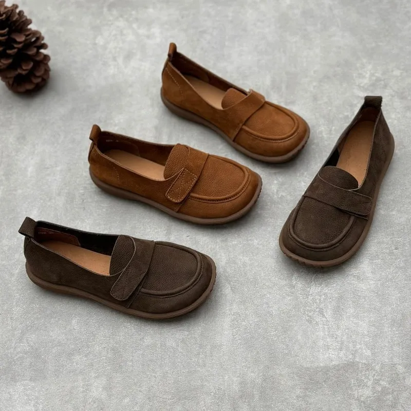 Retro Soft Leather Round Toe Slip on Loafers Touch-strap Barefoot Shoes In Brown/Grey